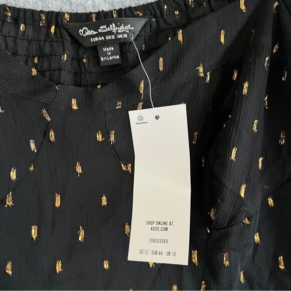 MISS SELFRIDGE Fit & Flare Black Mini Dress with Gold Foil Accents Size 12 NWT - Picture 6 of 11